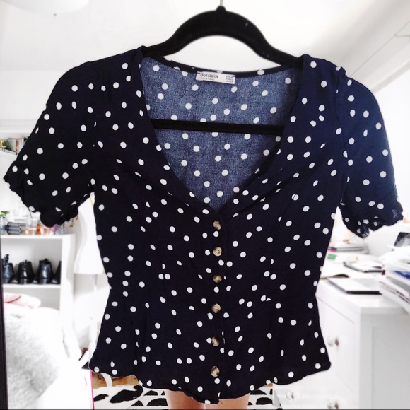 Bershka Tops - Bershka navy blouse white polka dots shirt sleeve